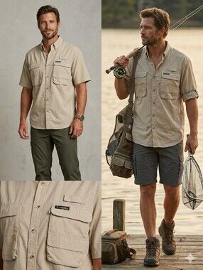 Hook & Tackle Men's Short-Sleeve Utility Button-Down Shirt in Taupe by